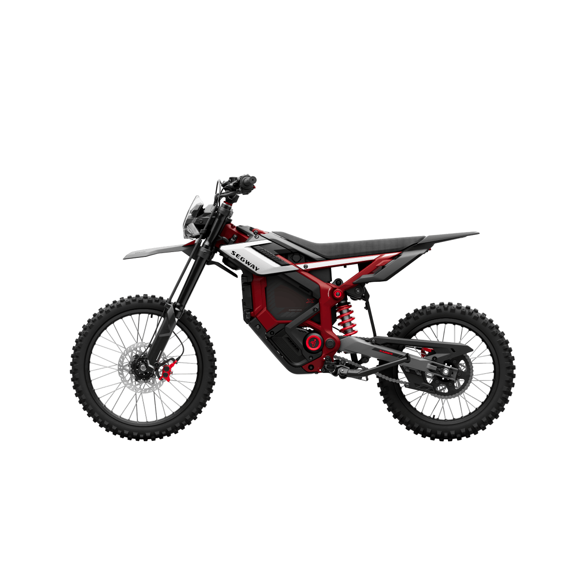 Side view of a Segway Xaber 300 electric dirt bike by Segway, featuring a black and red design, knobby tires, exposed frame, and minimal bodywork against a white background.