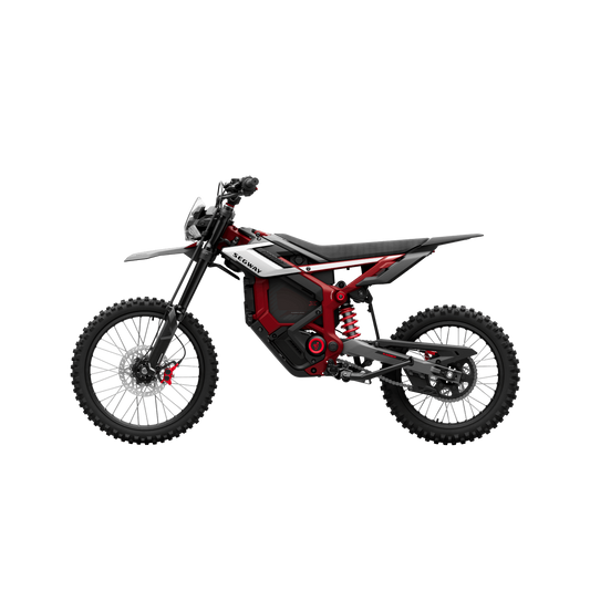 Side view of a Segway Xaber 300 electric dirt bike by Segway, featuring a black and red design, knobby tires, exposed frame, and minimal bodywork against a white background.