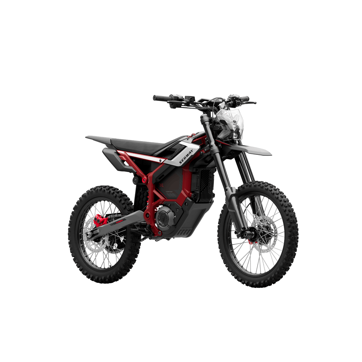 A Segway Xaber 300 electric dirt bike by Segway, featuring a red and black finish, knobby tires, exposed suspension, and a minimalist frame, is shown in profile against a white background.