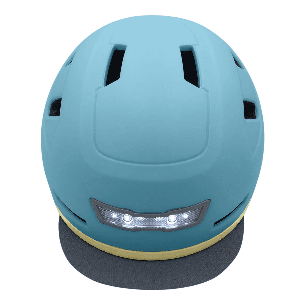 The XNITO Helmet XNITO - Old School - Sky is a light blue e-bike helmet with ventilation slots, integrated LED lights, and top safety standards.