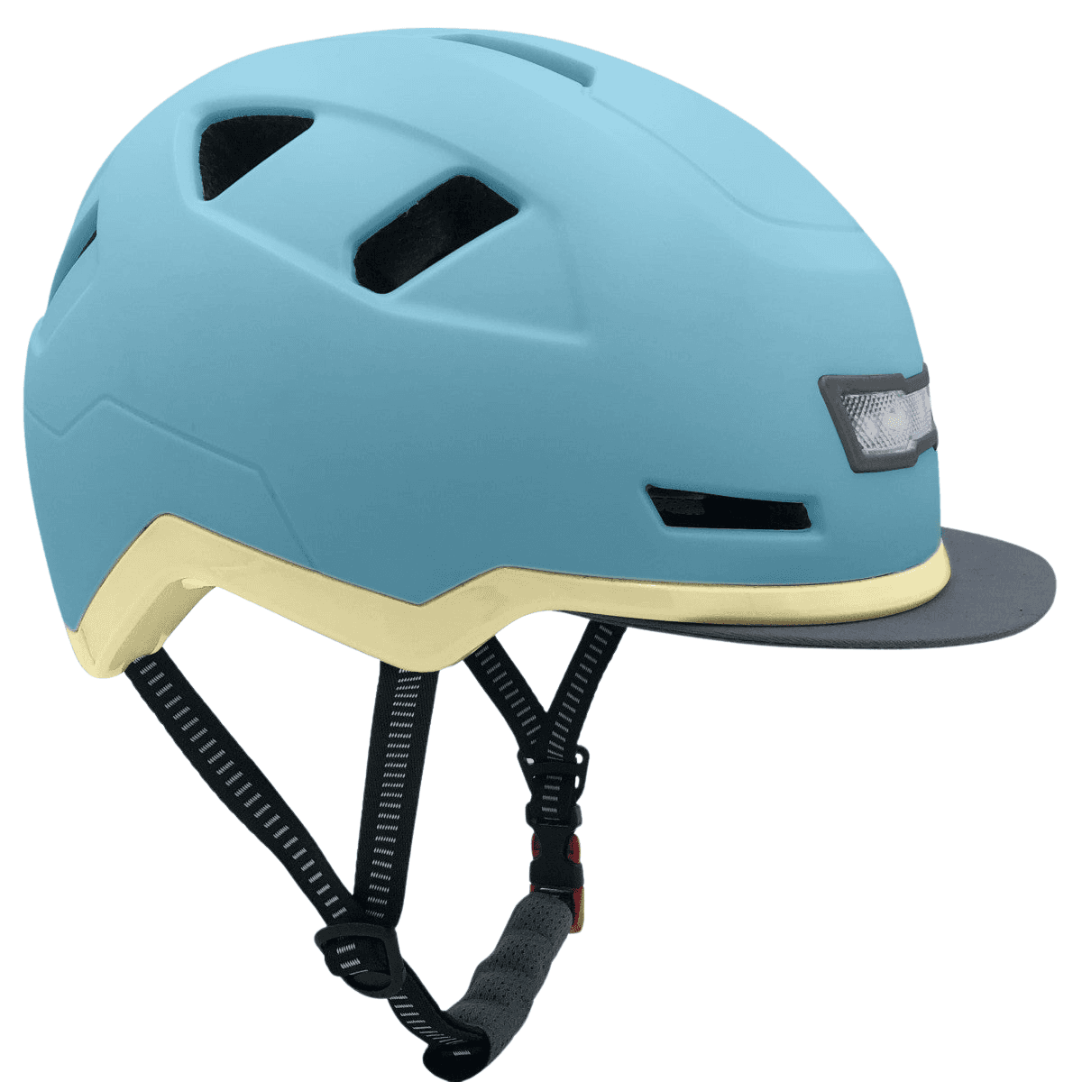 The XNITO Helmet XNITO - Old School - Sky is a dual certified blue and yellow bicycle helmet with black ventilation slots, an adjustable chin strap, and optional LED lights for enhanced safety.