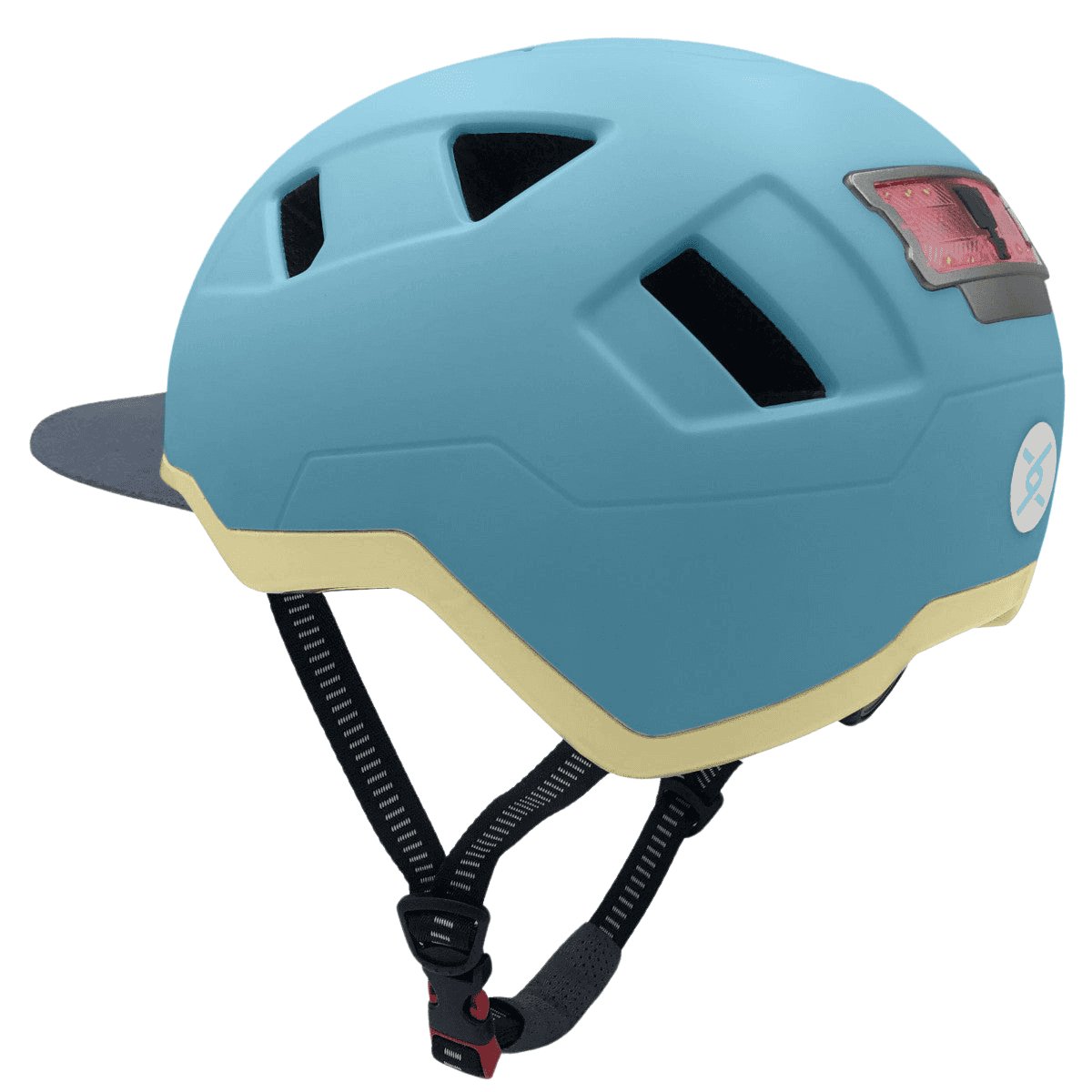 The XNITO Helmet XNITO - Old School - Sky is a light blue e-bike helmet with ventilation slots, a rear LED light, an adjustable strap, and a dark visor.