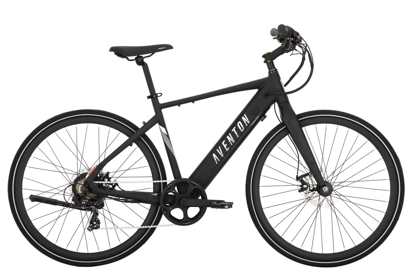 A black Aventon - Soltera.2 electric bike with straight handlebars, a sleek frame, black wheels, and a chain-driven drivetrain. It features a torque sensor for smooth rides and a long-range battery for extended journeys.