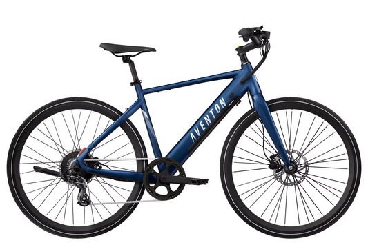 A matte blue Aventon - Soltera.2 electric bike with a step-over frame, long-range battery, front and rear disc brakes, and a Shimano gear system, viewed from the side on a white background.