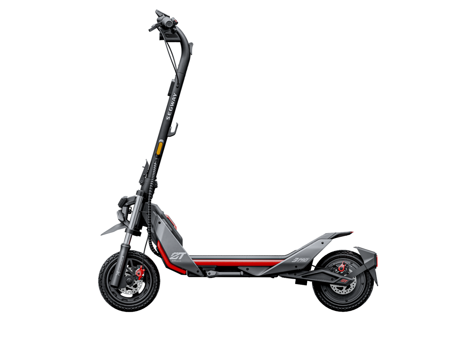 The Segway ZT3 Pro features a sleek black and red design with a sturdy frame and durable tires for off-road adventures. Its intuitive handlebar integrates smart technology for superior control and convenience.