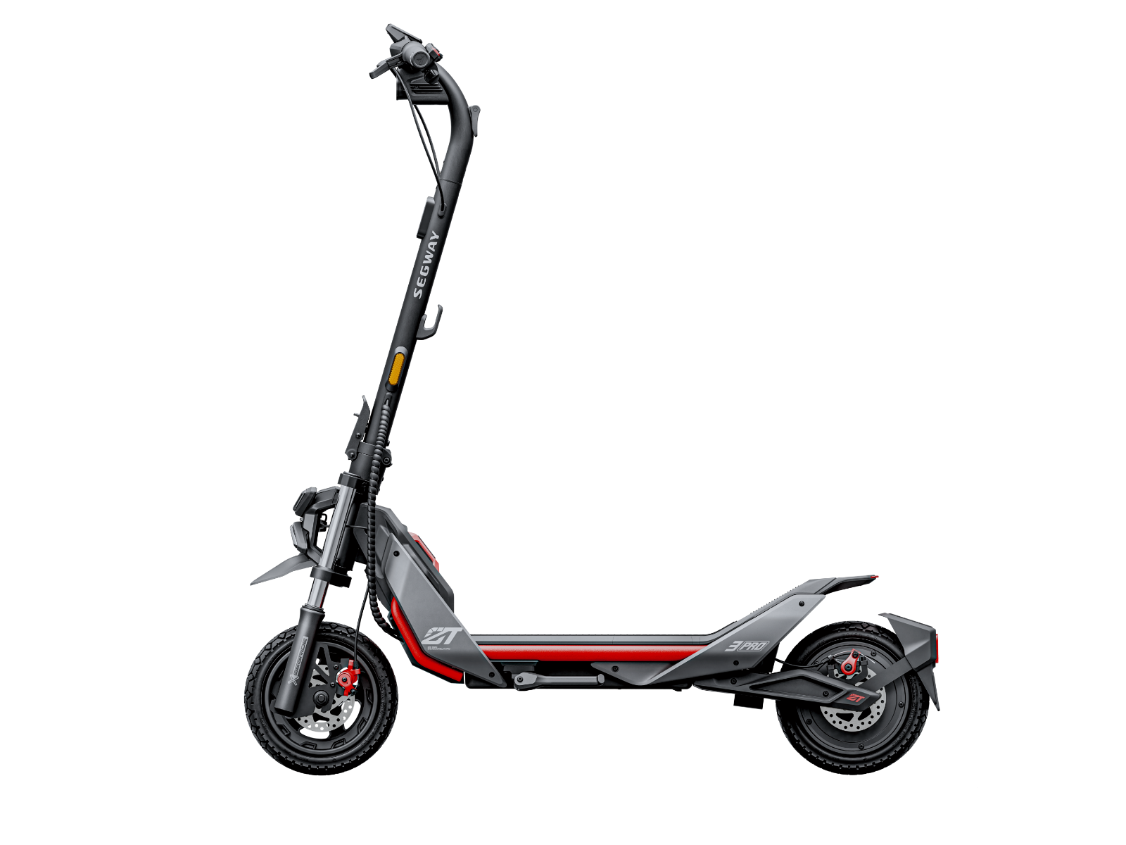 The Segway ZT3 Pro features a sleek black and red design with a sturdy frame and durable tires for off-road adventures. Its intuitive handlebar integrates smart technology for superior control and convenience.