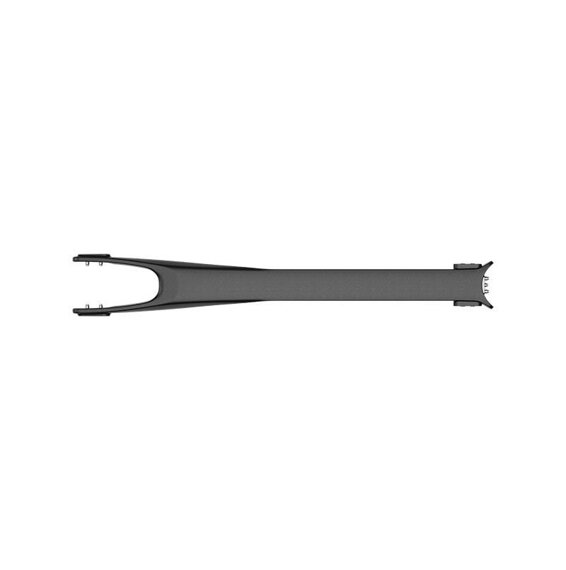 Top-down view of a black bicycle fork with easy mounting points on a white background—ideal as an e-bike accessory or for use with the Segway Myon Removable Top Tube by Segway.