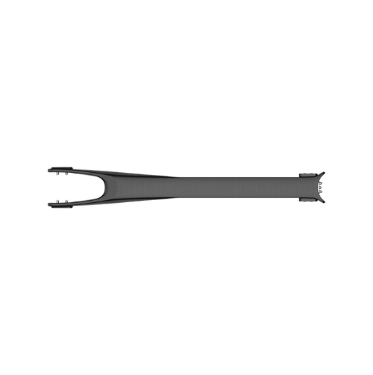 Top-down view of a black bicycle fork with easy mounting points on a white background—ideal as an e-bike accessory or for use with the Segway Myon Removable Top Tube by Segway.