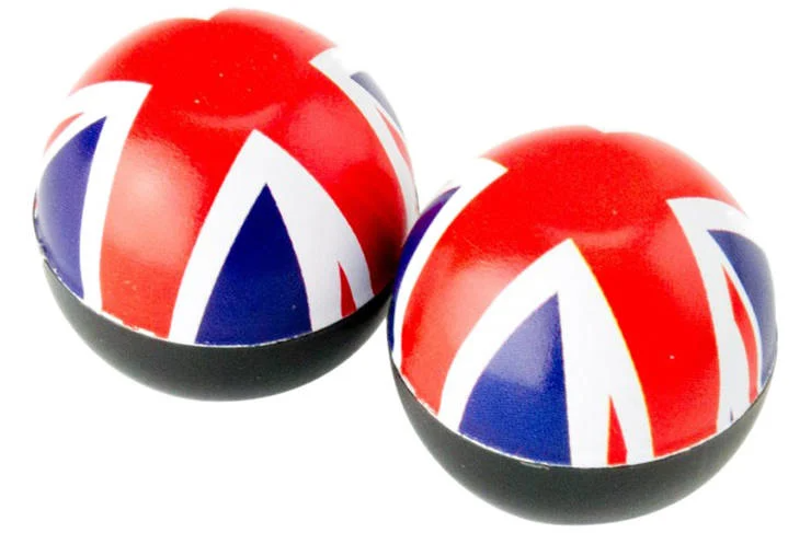 Two spherical objects featuring the British flag's colors and pattern, known as Trik Topz - UK by the brand Trik Topz.