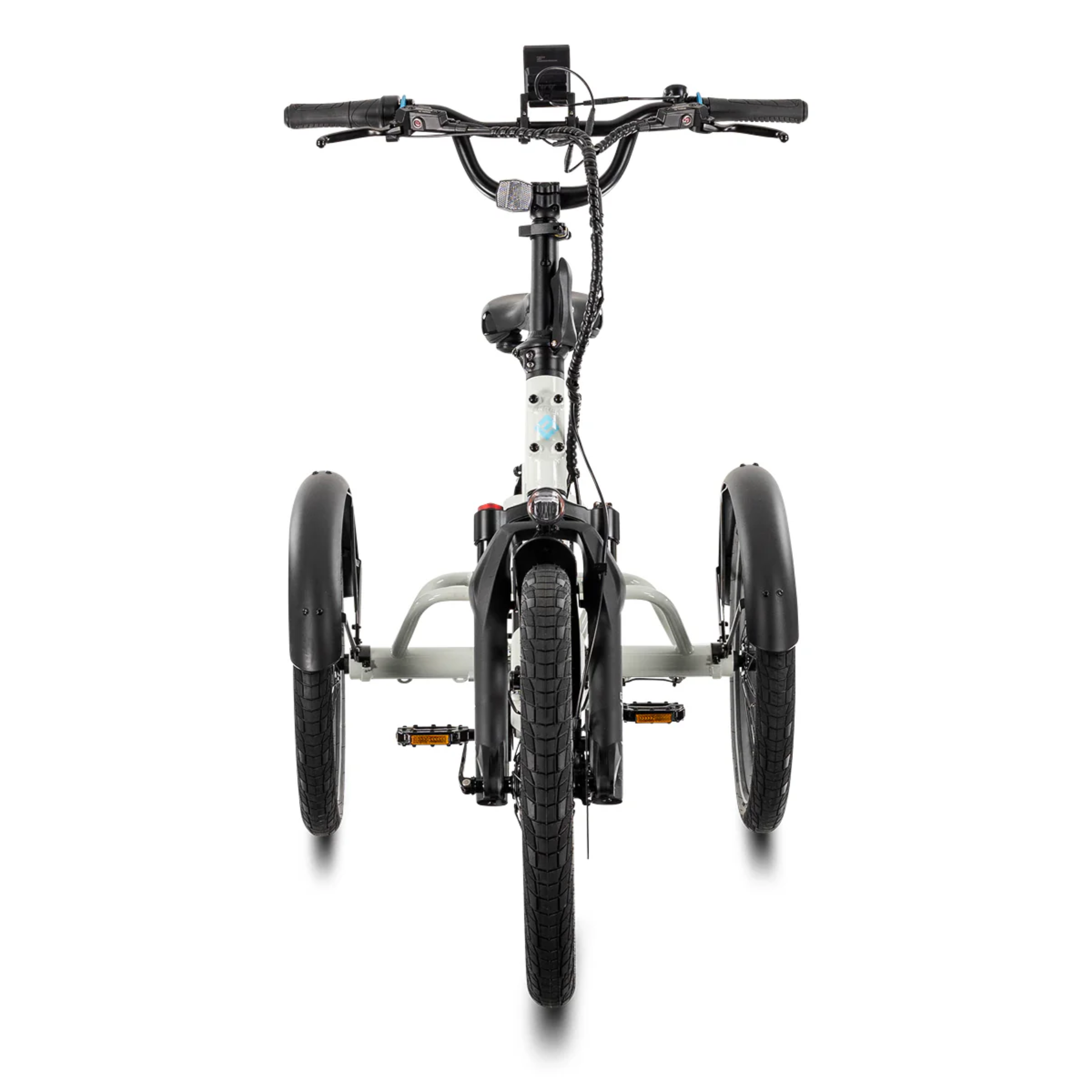 Front view of the Lectric XP Trike2 by Lectric, a long-range electric trike featuring two rear wheels, wide tires, handlebars, and a central display screen.