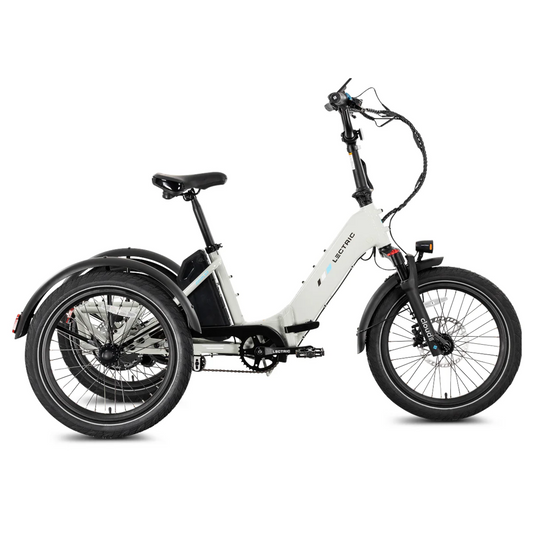 The Lectric XP Trike2 by Lectric is a white, long-range electric tricycle with a step-through frame, black saddle, handlebar controls, plus front and rear fenders, shown from the side.
