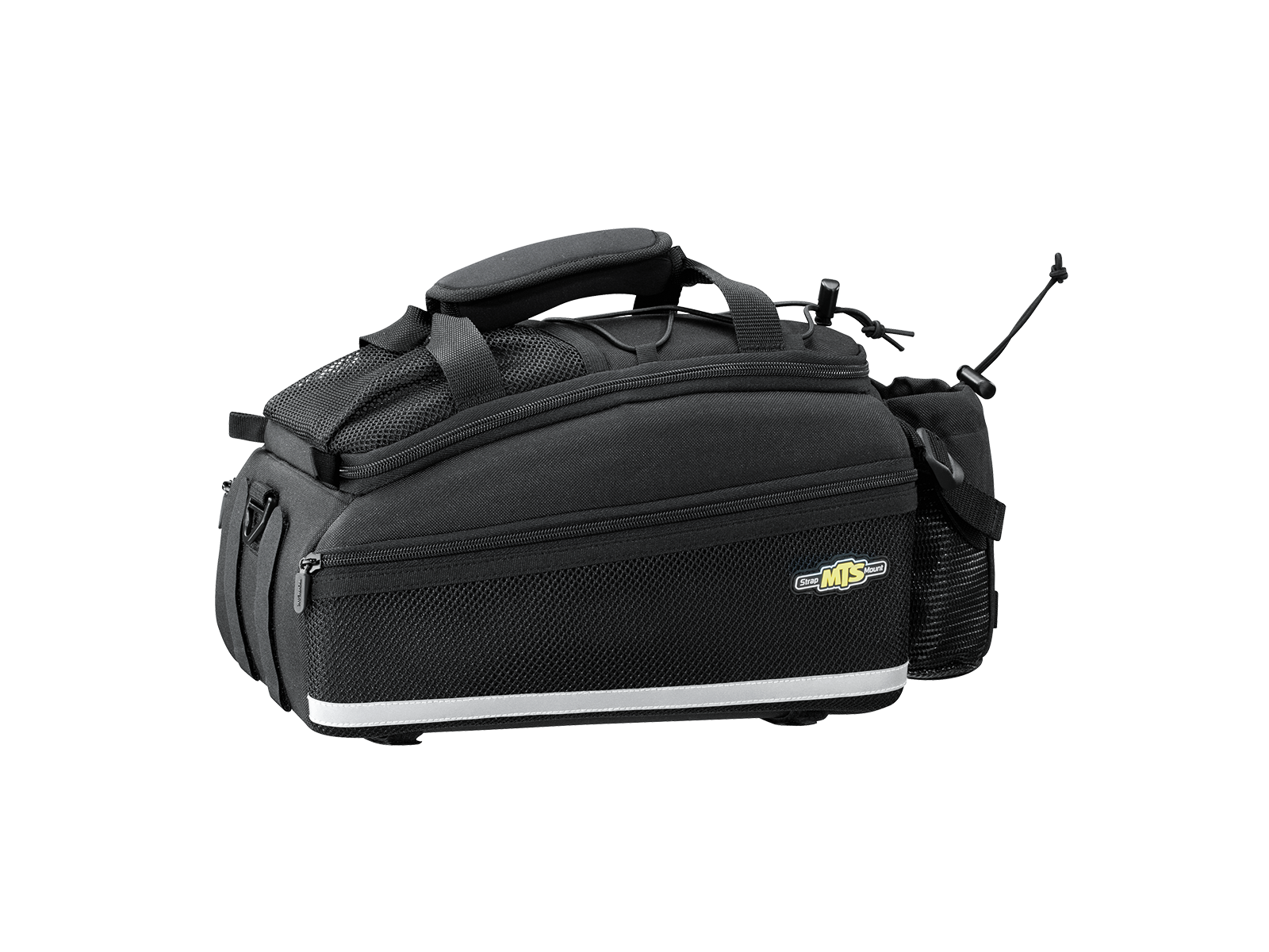 Topeak Trunkbag EX Strap Mount by ToPeak with a logo, dual molded side panels, multiple compartments, and a weather-resistant pouch on the side.