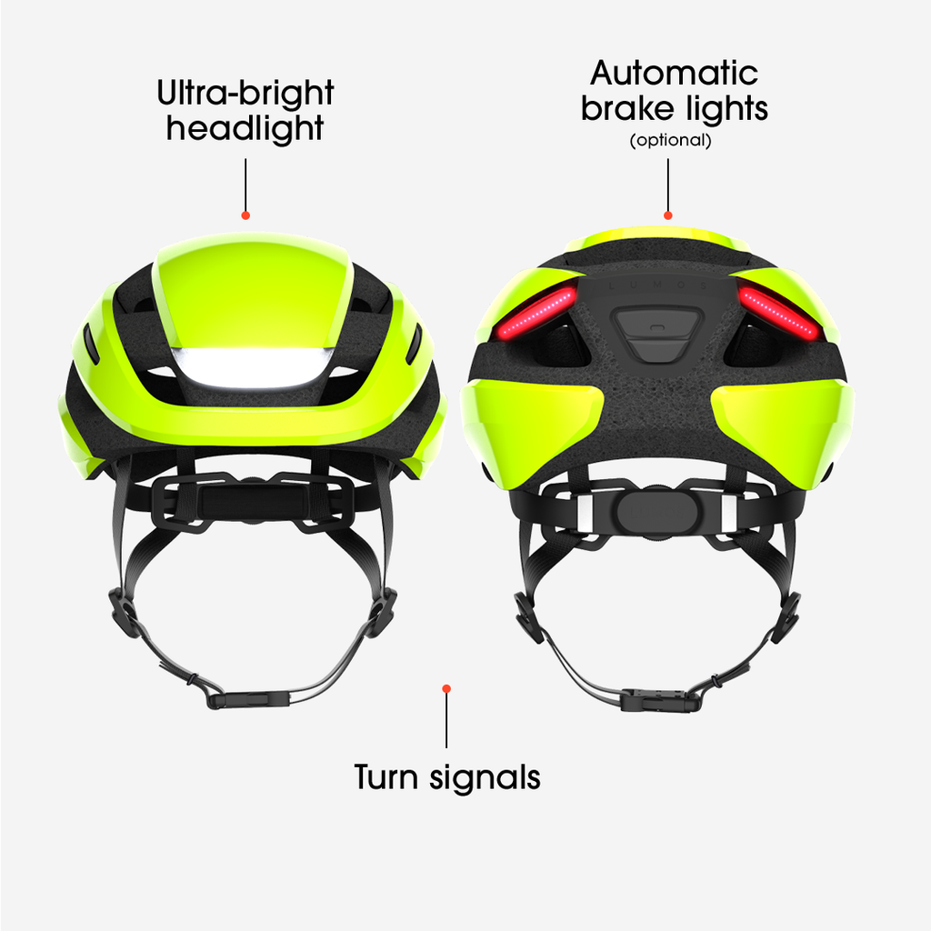 High-visibility Lumos Ultra MIPS Helmet for cycling safety, featuring an integrated LED lighting system, including an ultra-bright headlight, automatic brake lights, and turn signals.