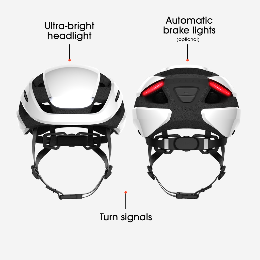 A Lumos Ultra MIPS Helmet featuring integrated LED lighting, ultra-bright headlight, automatic brake lights, and turn signals ensures top-notch cycling safety.