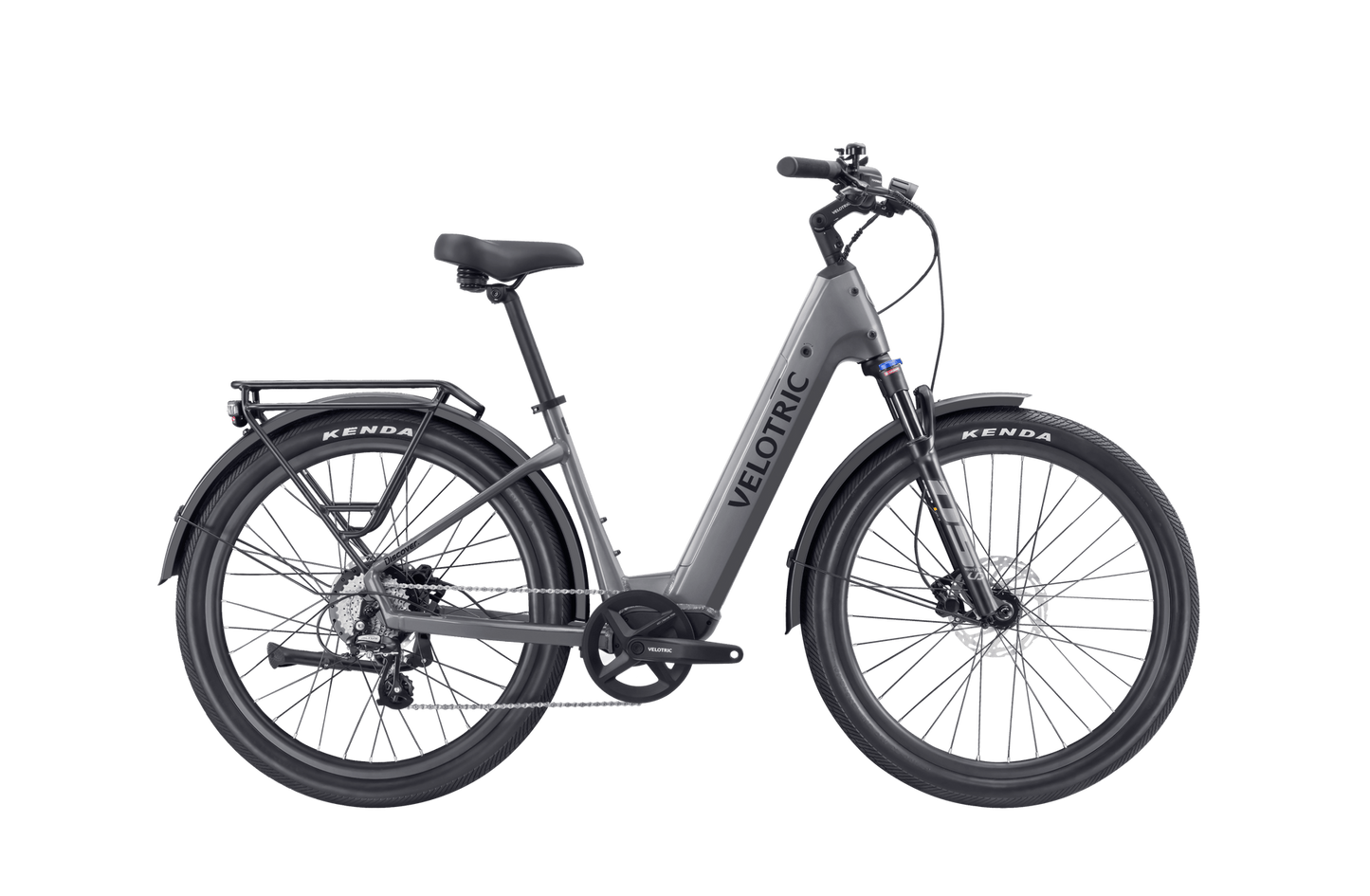 Velotric presents an Discover 2 electric bike with a step-through frame on a black background.