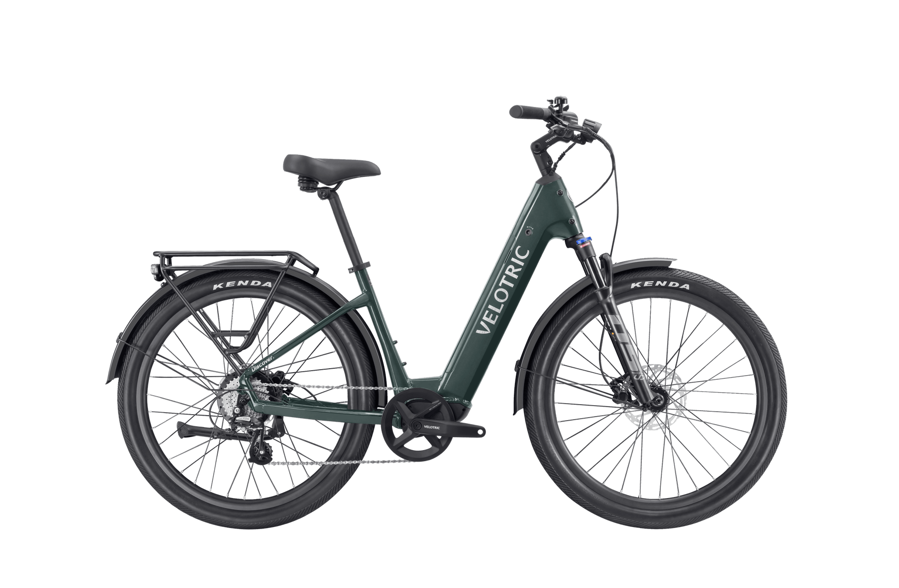 A Velotric Discover 2 electric bike equipped with a step-through frame and disc brakes, displayed on a black background.