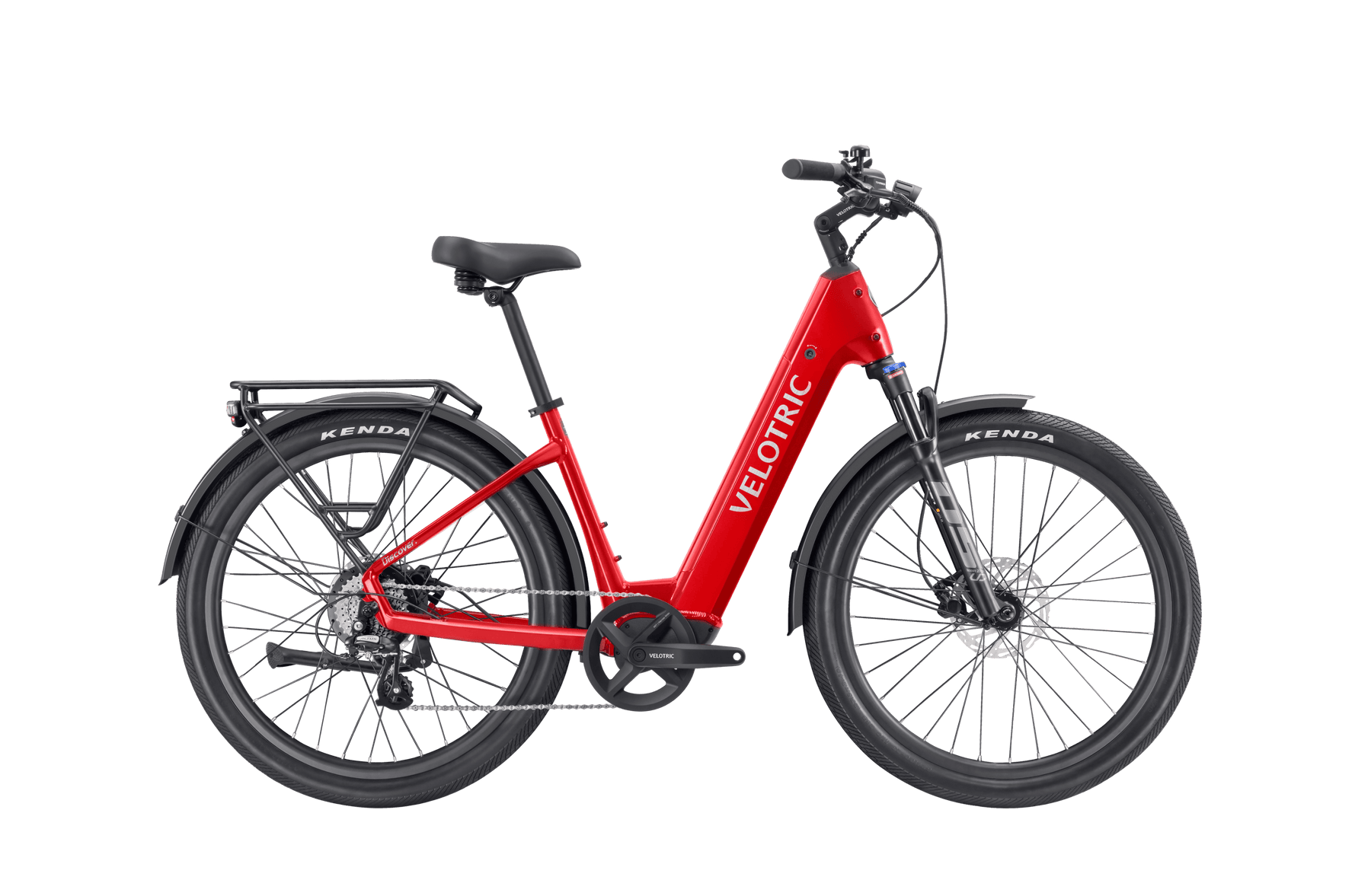 Velotric Discover 2 electric bike with a red frame on a black background.