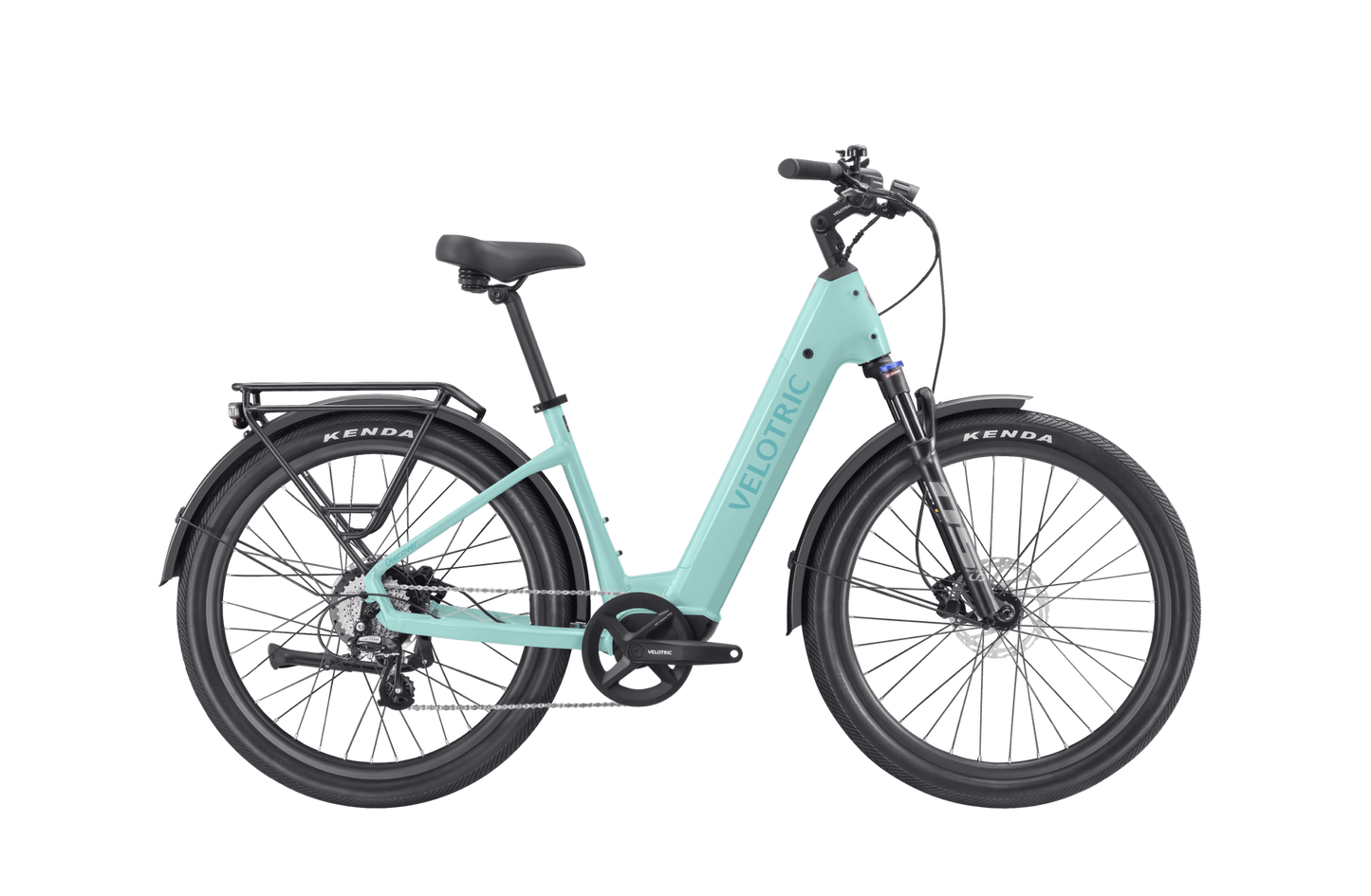 Sentence with replaced product: Light blue Velotric Discover 2 electric bicycle on a black background.