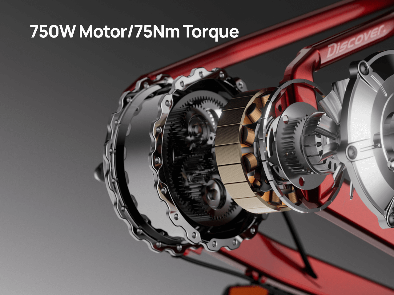 Close-up of the Velotric Discover 3’s mechanical motor with visible gears, displaying "750W Motor/75Nm Torque" in the upper left—ideal for Tampa Bay commutes.