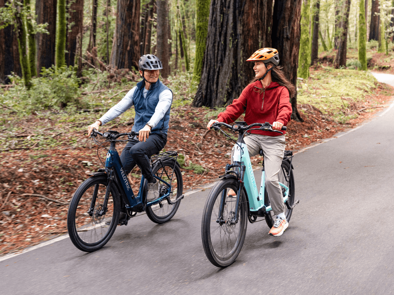 Two people in helmets ride Velotric Discover 3 e-bikes by Velotric along a paved forest path with tall trees and lush greenery, enjoying an adventure near Tampa Bay.