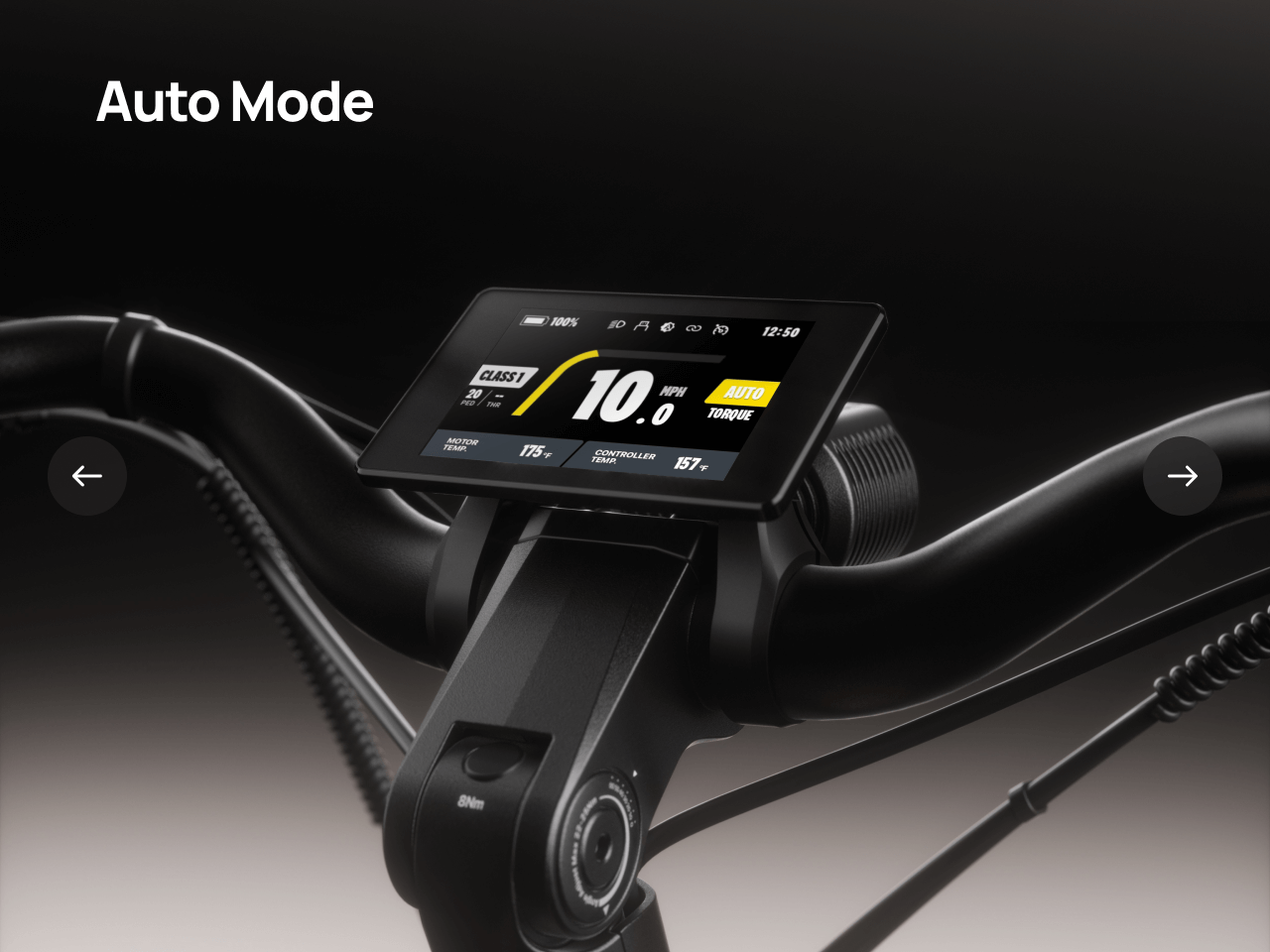 Close-up of a digital display on Velotric Discover M handlebars shows "Auto Mode" and speed, emphasizing the sleek, modern design of this comfortable Velotric commuter eBike.