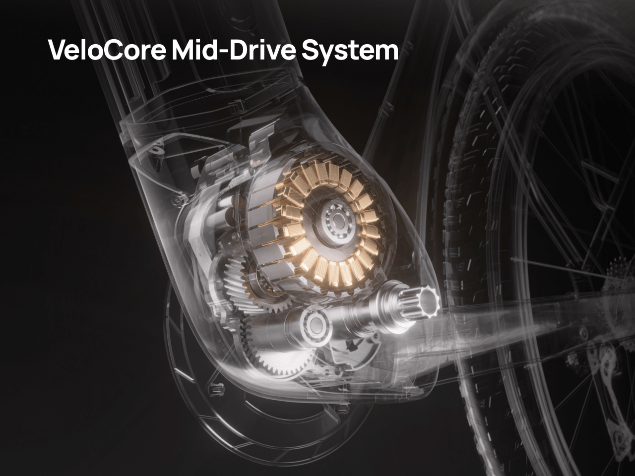 Cutaway view of the Velotric Discover M mid-drive system, showcasing the internal mechanical components and motor gears within this Velotric comfort commuter eBike.