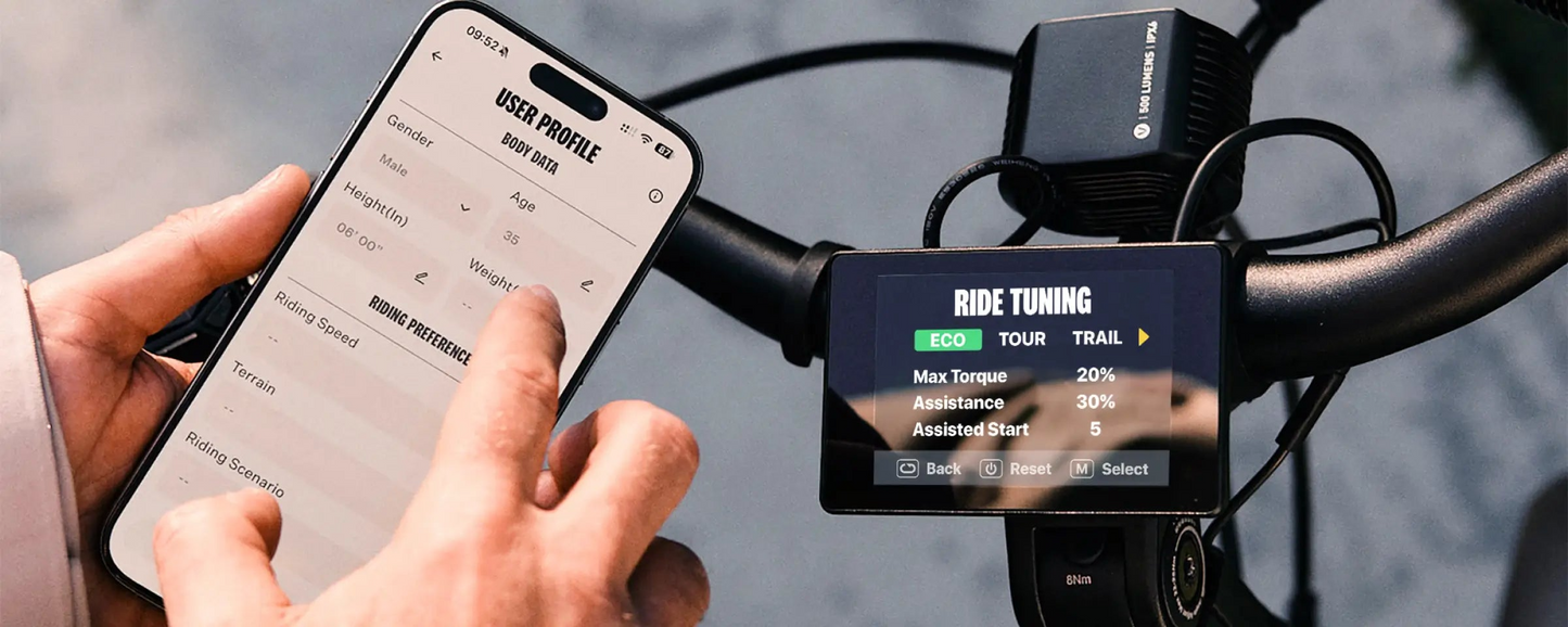Using the Velotric app, a person adjusts user settings on their Velotric Discover 3 eBike while the bike’s display shows ride tuning options like mode, torque, and assistance level.
