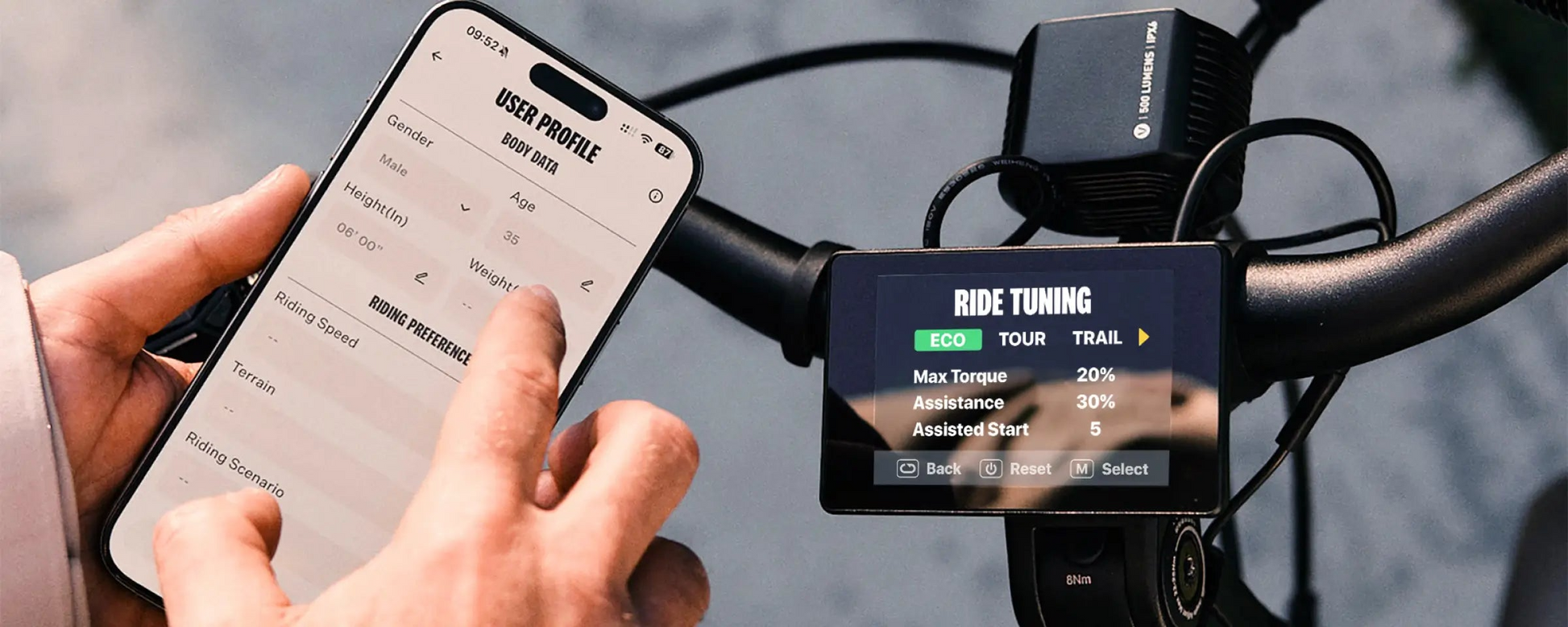 Using the Velotric app, a person adjusts user settings on their Velotric Discover 3 eBike while the bike’s display shows ride tuning options like mode, torque, and assistance level.