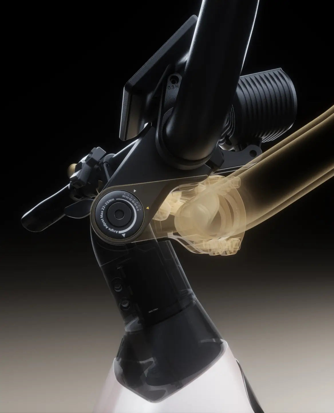 Close-up of the Velotric Discover M handlebar by Velotric, with a transparent overlay showing the internal steering mechanism and components of this comfort commuter eBike.