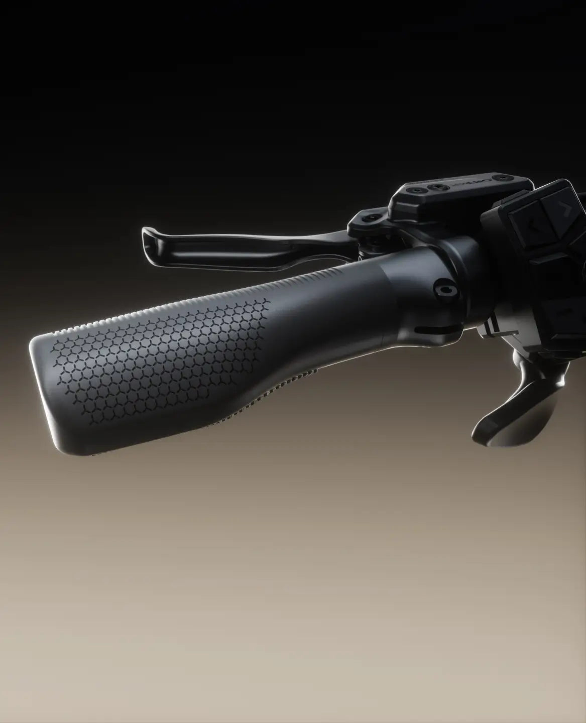 Close-up of the textured black Velotric Discover M handlebar grip by Velotric, featuring brake and gear levers against a gradient brown background—showcasing the comfort-focused details of this commuter eBike.