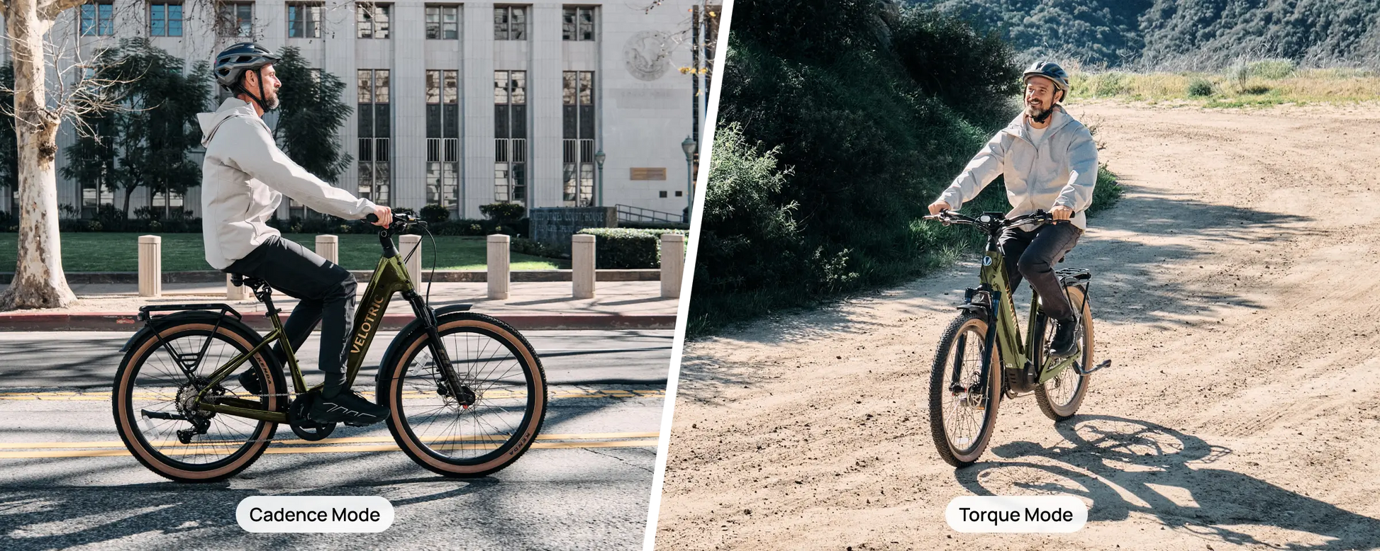 Split image of a man riding the Velotric Discover M by Velotric: commuting on a city street in cadence mode (left) and exploring a dirt path in torque mode (right).