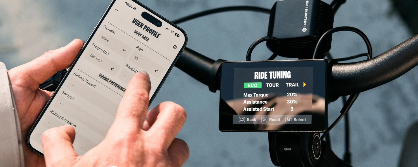 Using a smartphone and a handlebar display, riders can adjust torque and assistance levels on their Velotric Discover M eBike for customized ride tuning.