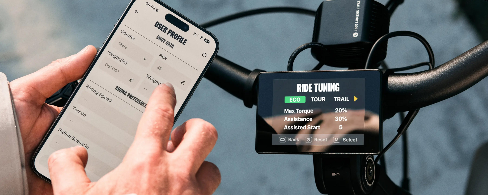 Using a smartphone and a handlebar display, riders can adjust torque and assistance levels on their Velotric Discover M eBike for customized ride tuning.