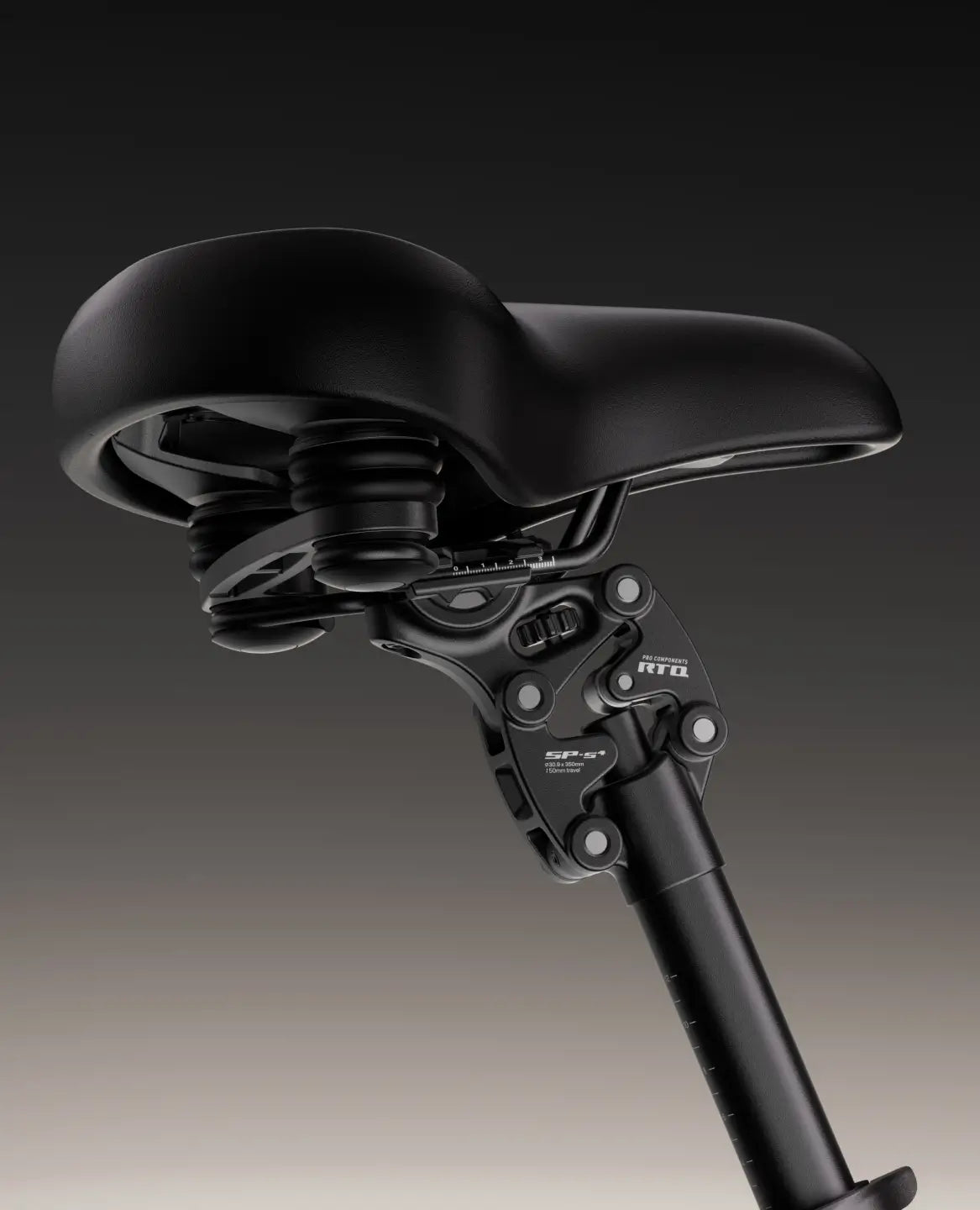 Close-up of the Velotric Discover M’s black saddle with visible springs and seatpost, featured on the Velotric comfort commuter eBike, set against a gradient background.