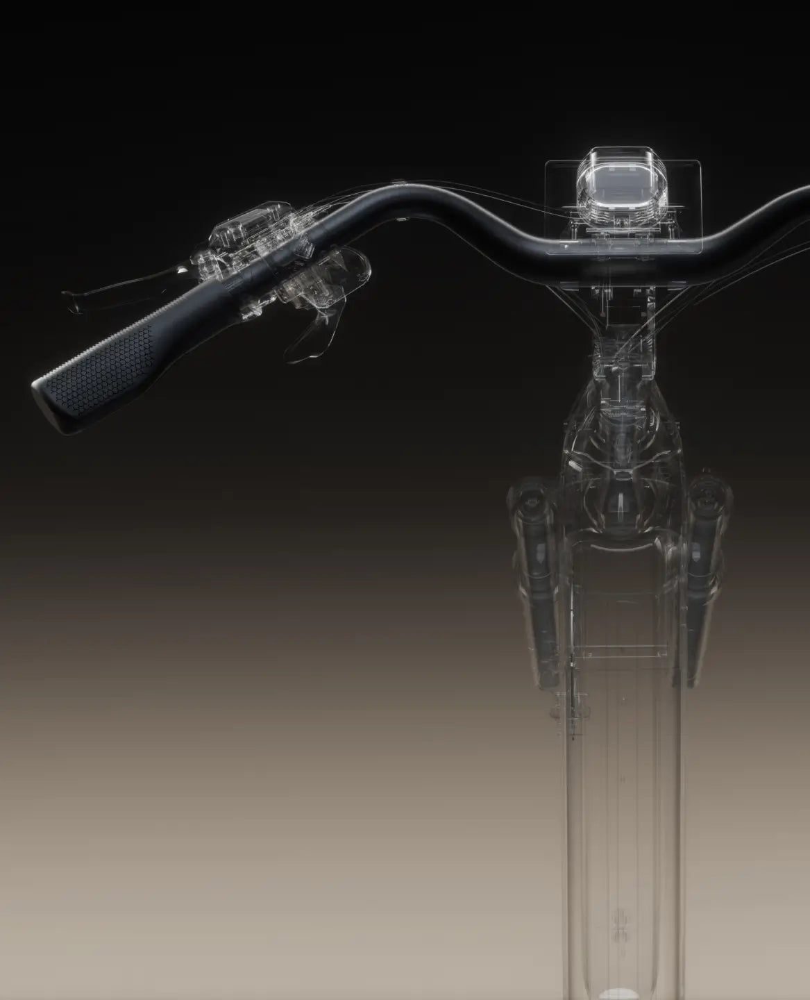 The Velotric Discover M by Velotric features a translucent handlebar and controls, displayed from a top-down view against a neutral background.