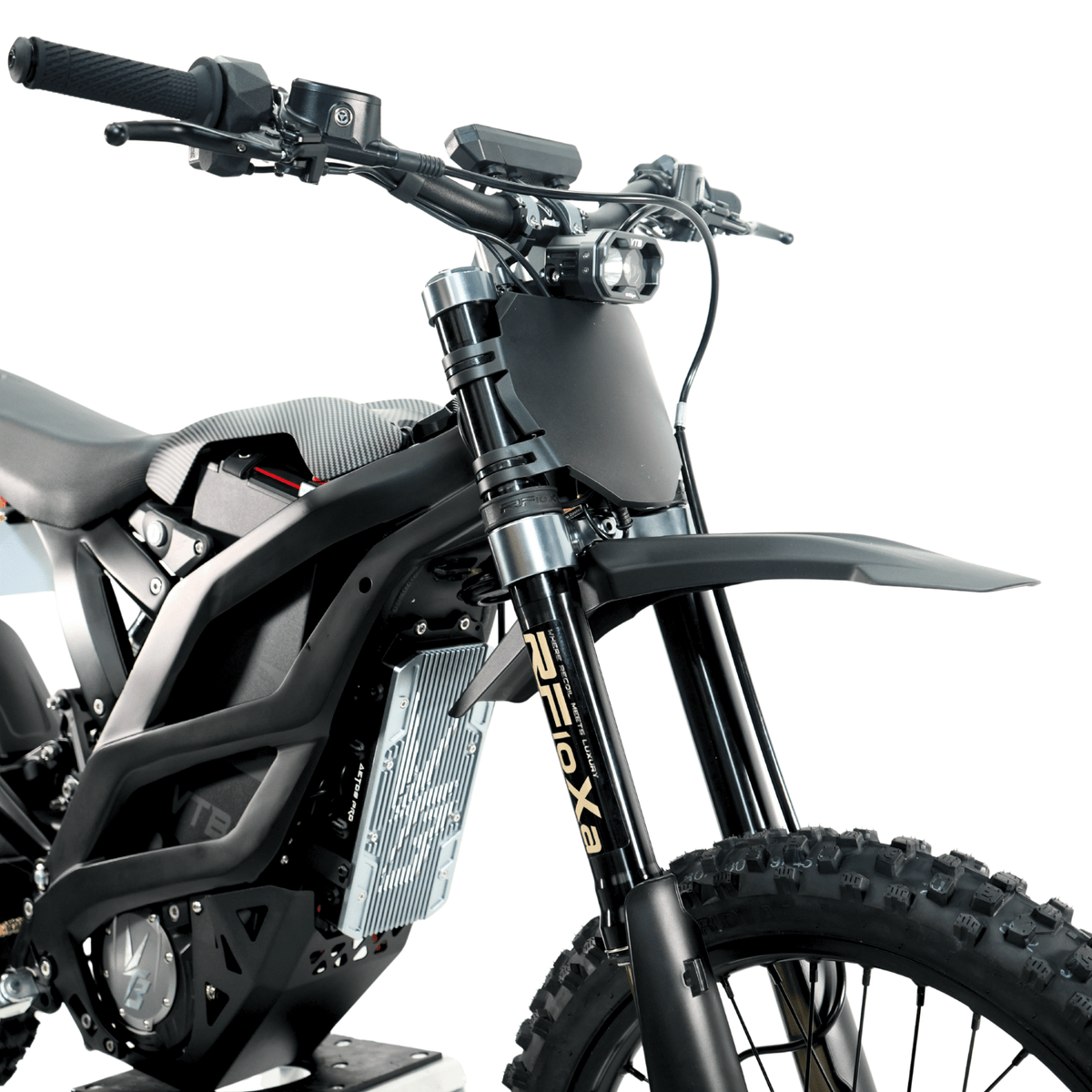 Ventus V1+ EVO electric dirt bike, front fork and headlight detail