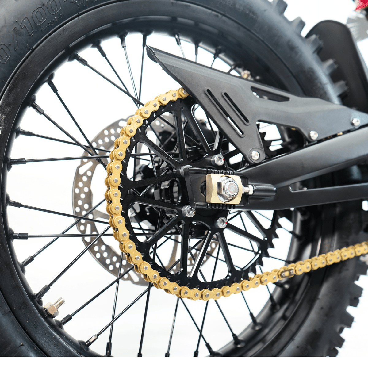 Ventus V1+ EVO electric dirt bike, rear wheel and sprocket detail