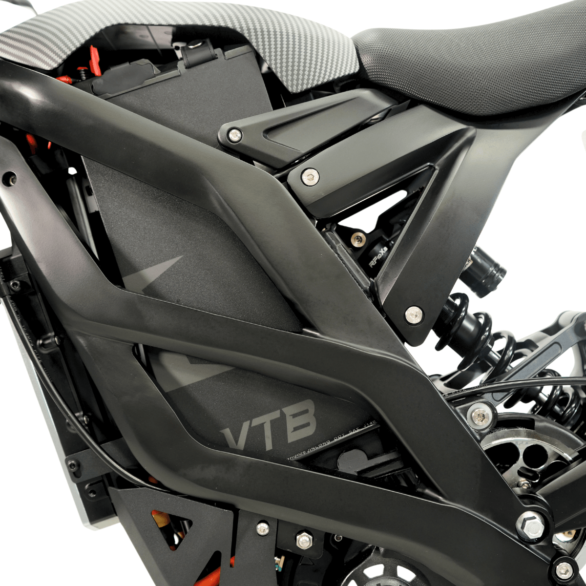 Ventus V1+ EVO electric dirt bike, rear frame and battery cover detail