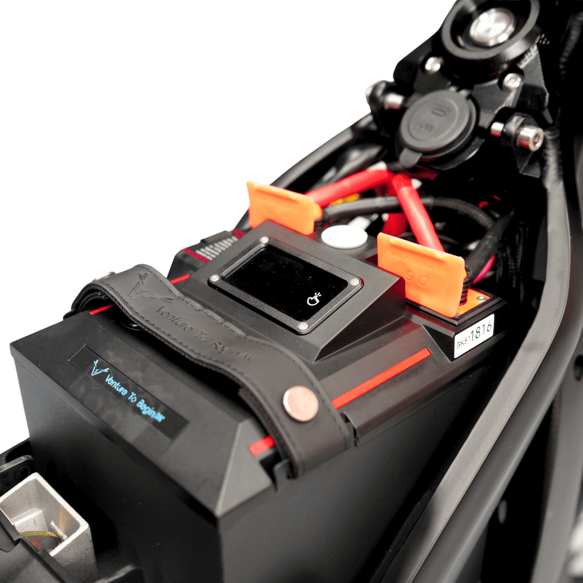 Ventus V1+ EVO electric dirt bike, battery compartment with cover open
