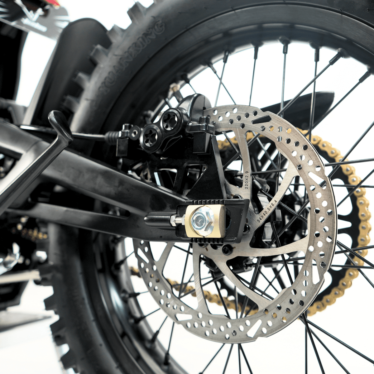 Ventus V1+ EVO electric dirt bike, rear wheel and chain drive