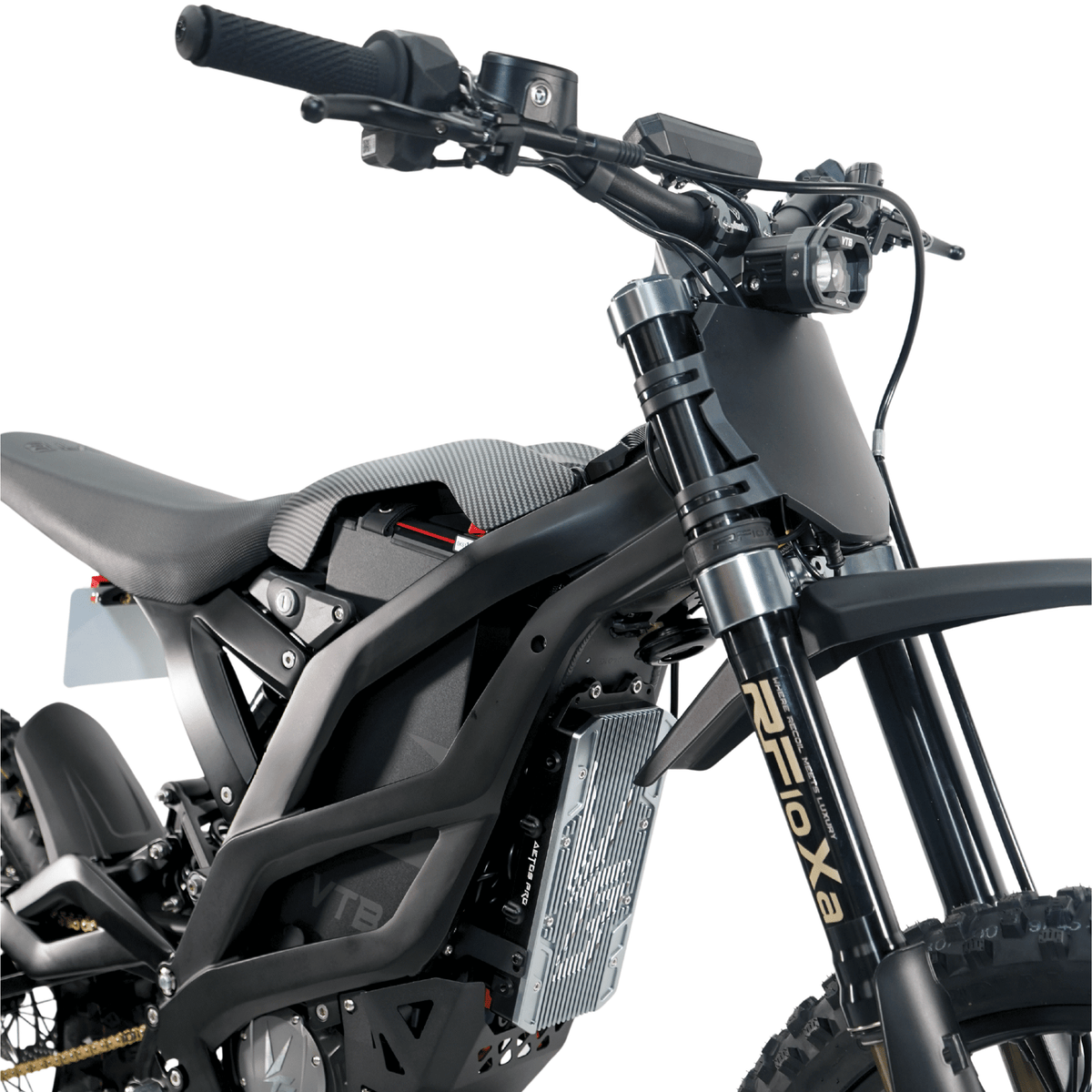 Ventus V1+ EVO electric dirt bike, front frame and steering detail
