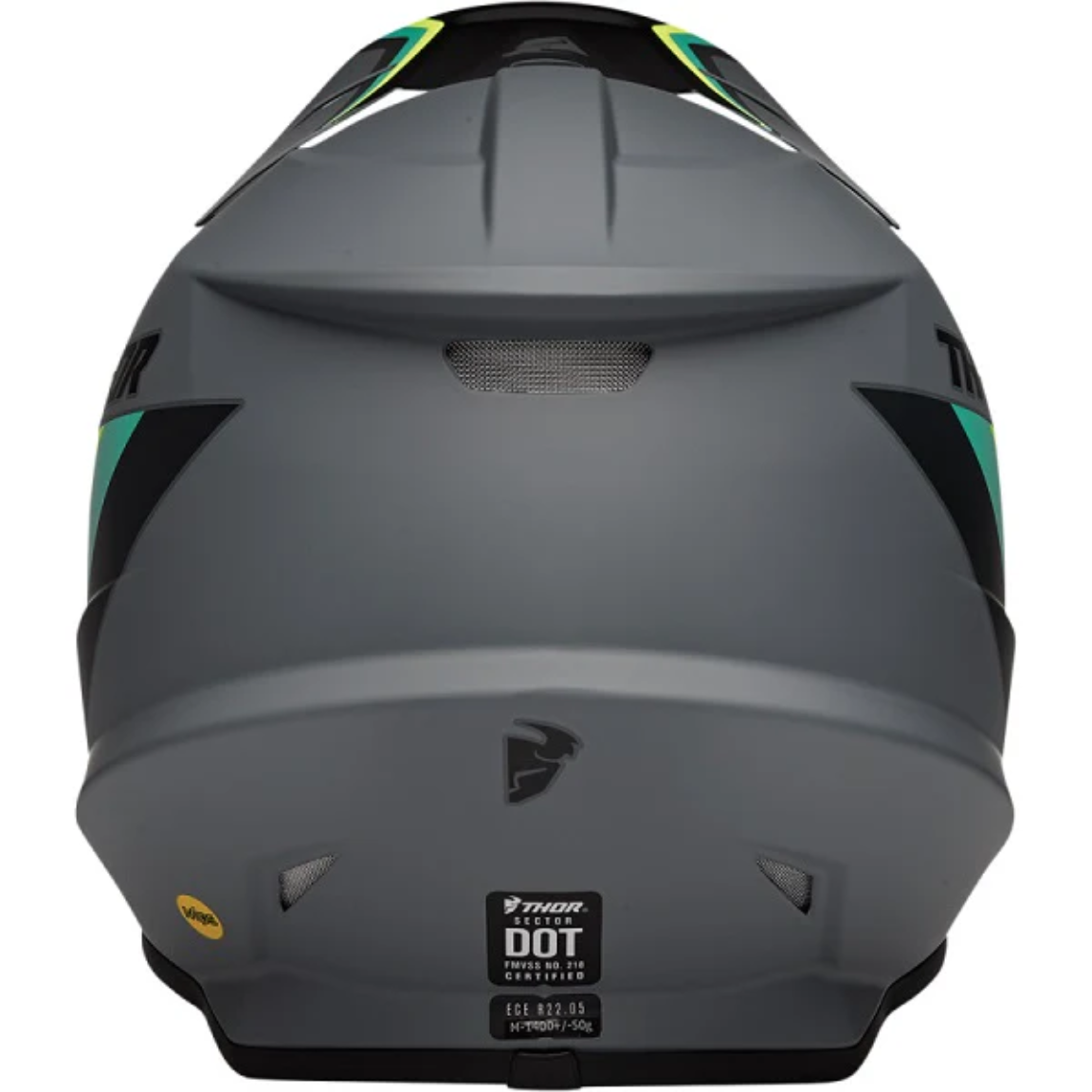 Rear view of a Thor Sector Helmet - Runner MIPS in gray/teal, featuring black, yellow, and teal accents, ventilation mesh, DOT certification label, and Thor branding.