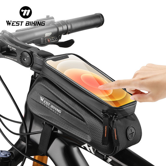 A hand touches a smartphone inside a transparent pocket on the Tampa Bay eBikes Cell Phone Top Tube Bag, made from durable material and mounted on a bike handlebar.