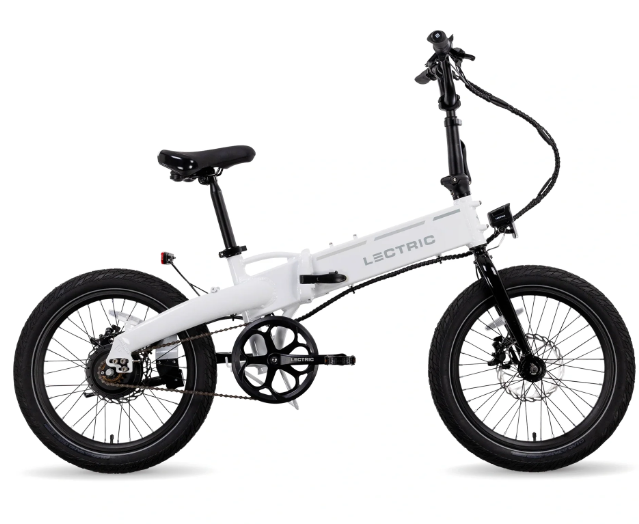 A white Lectric - XP Lite 2.0 Long-Range eBike featuring black tires, handlebars, and a seat with the word "Letric" printed on the frame. Additionally, it comes equipped with hydraulic brakes for enhanced safety.