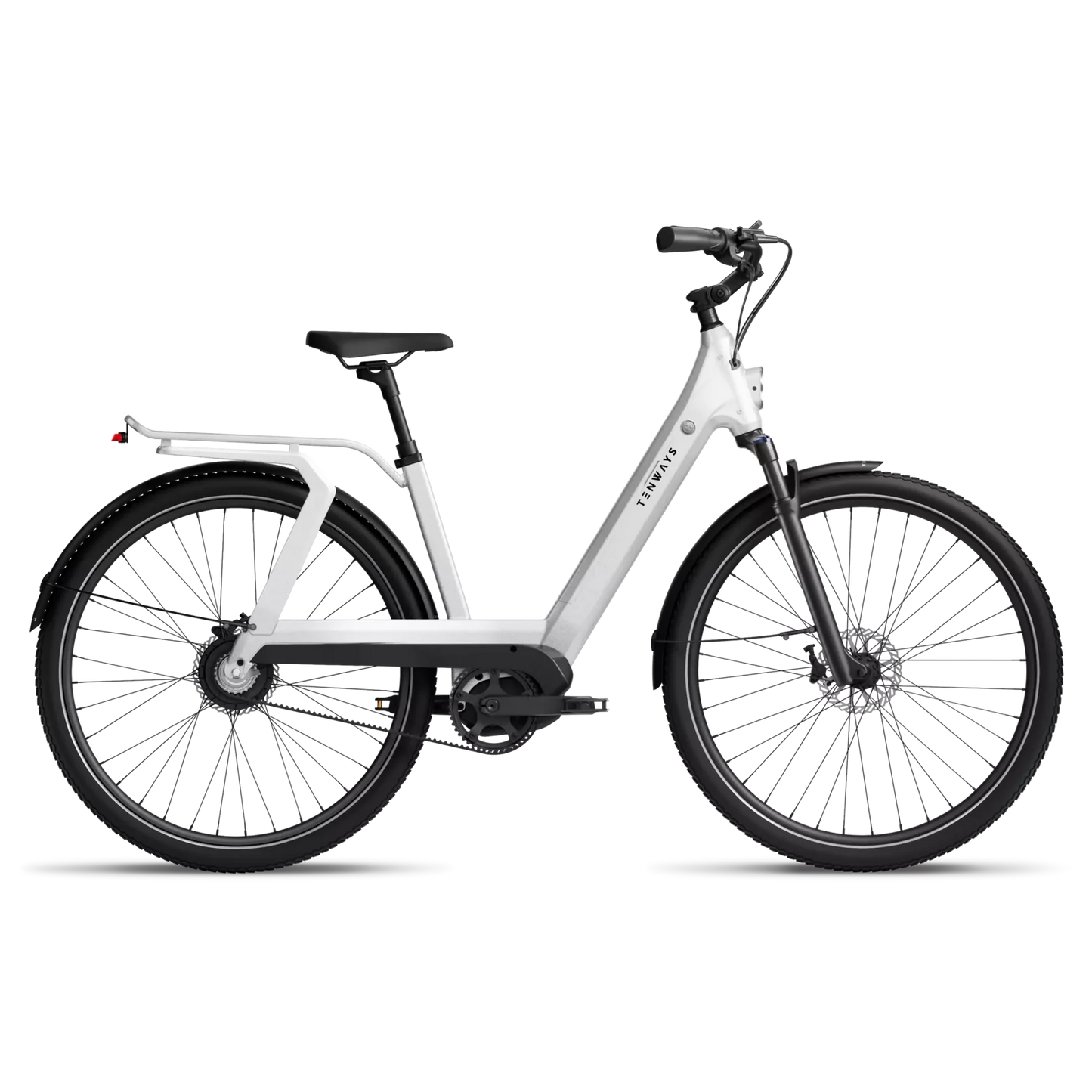 A white Tenways electric bicycle with a step-through frame and a mid-drive motor, mounted on a transparent stand against a black background.