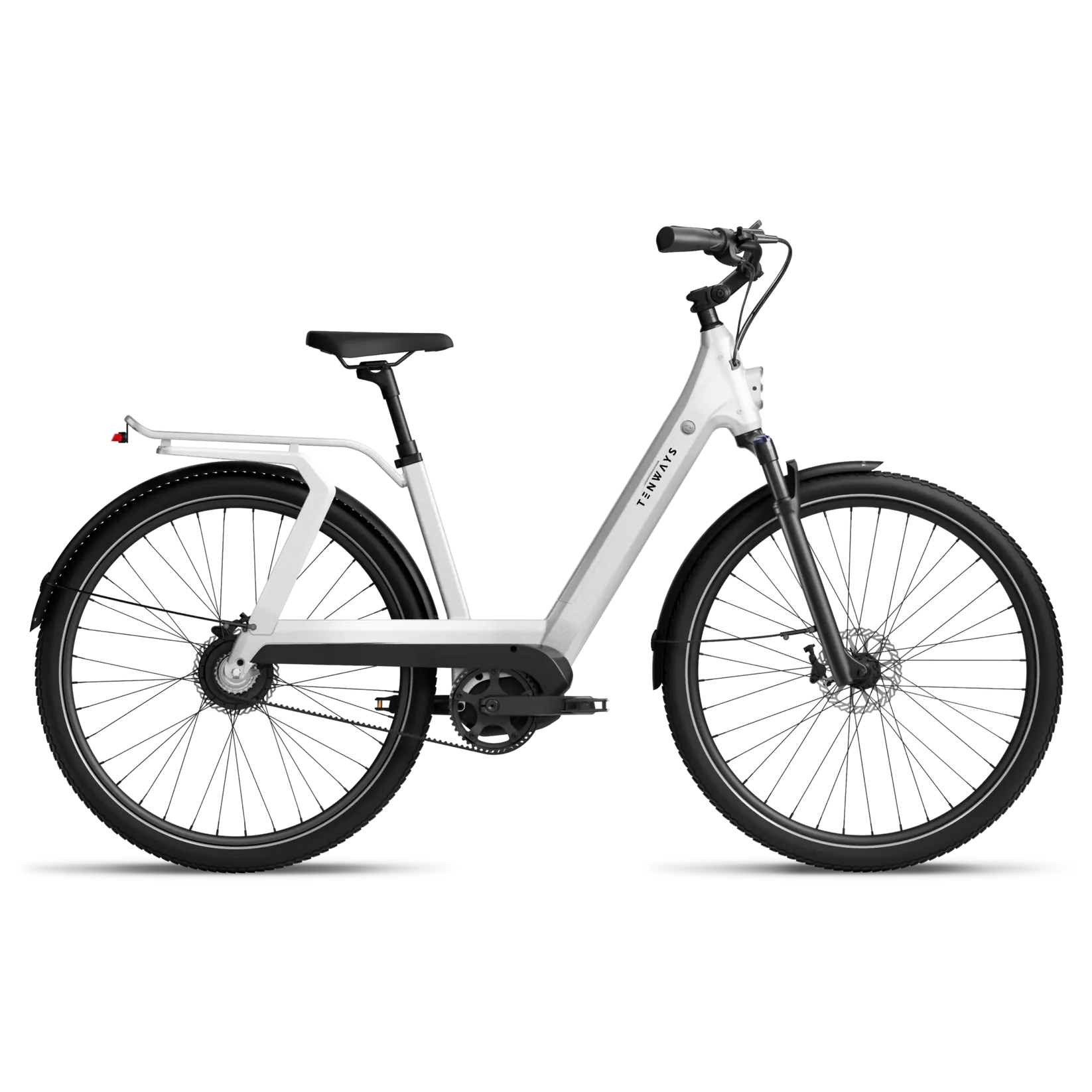 A white Tenways electric bicycle with a step-through frame and a mid-drive motor, mounted on a transparent stand against a black background.