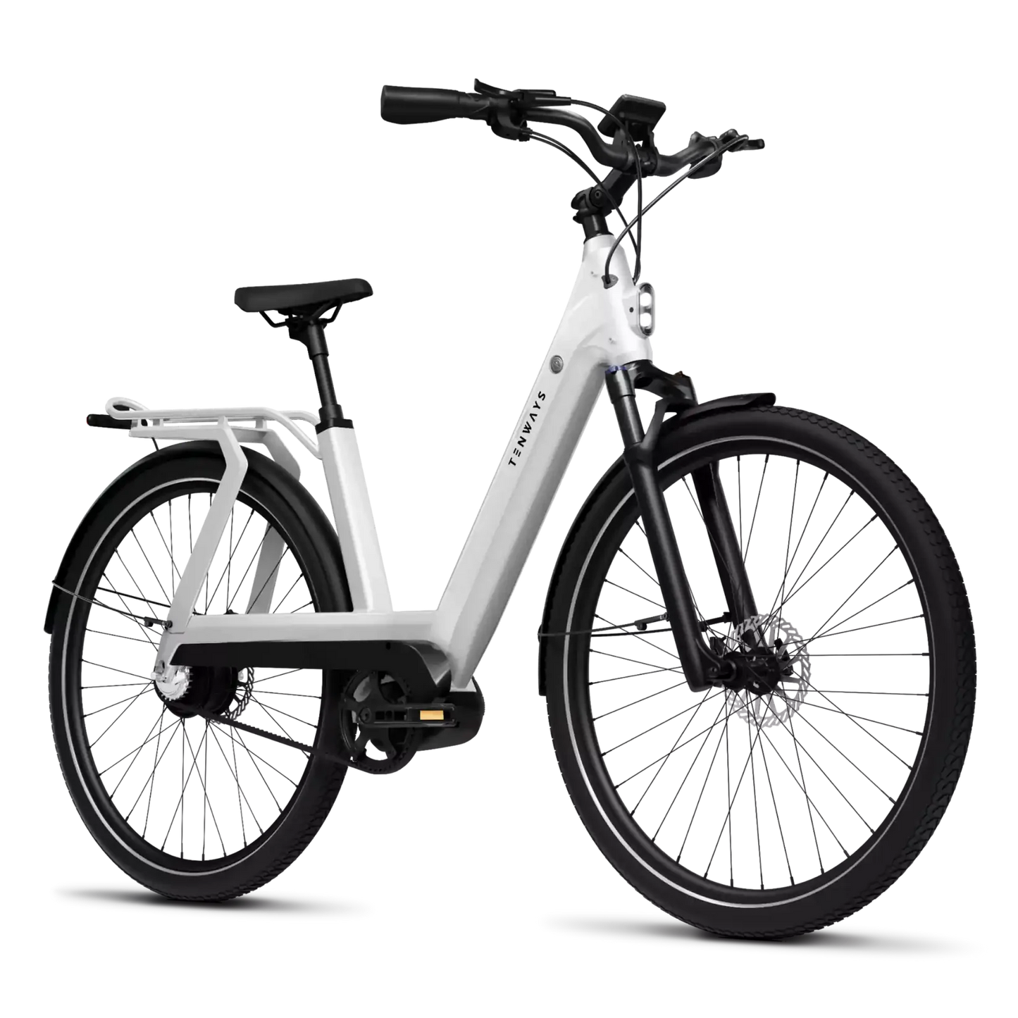 A modern white Tenways AGO T electric bicycle with a mid-drive motor and a step-through frame, displayed against a black background with white speed lines.