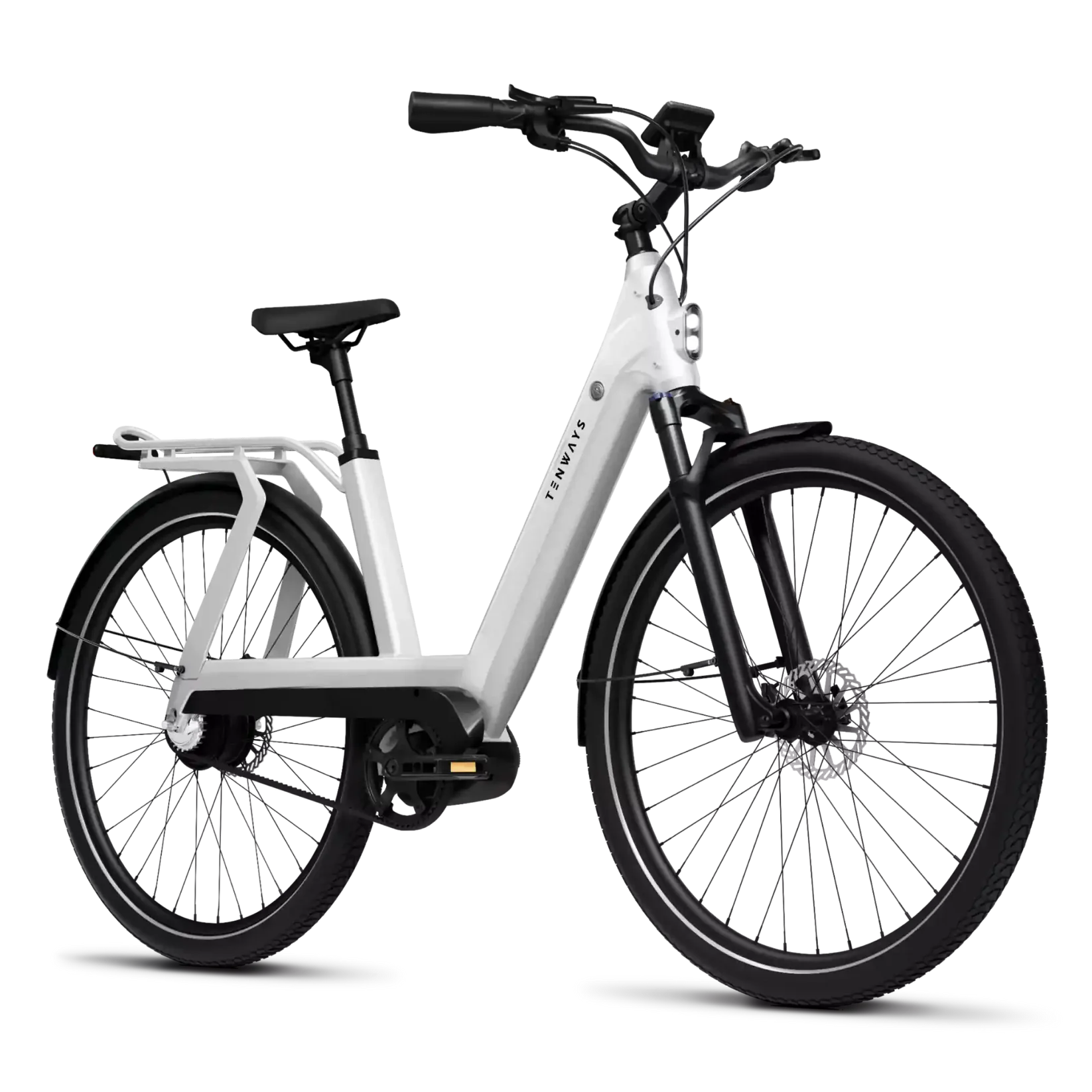 A modern white Tenways AGO T electric bicycle with a mid-drive motor and a step-through frame, displayed against a black background with white speed lines.