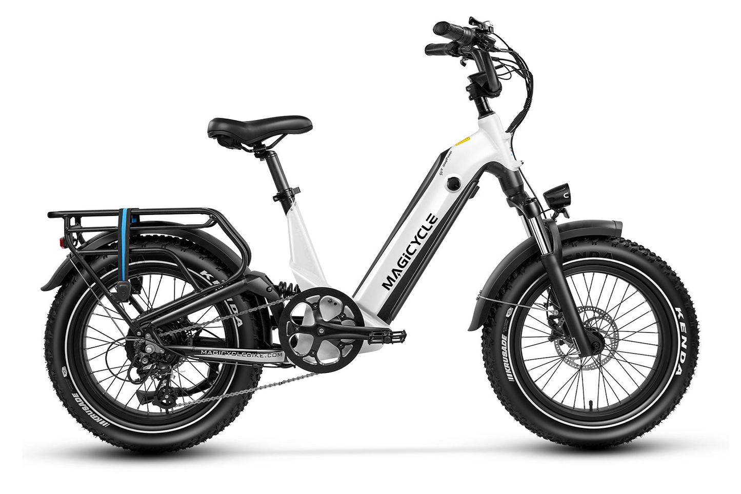 A white and black Magicycle - Deer electric bike on a white background. Suitable for off-road adventures.