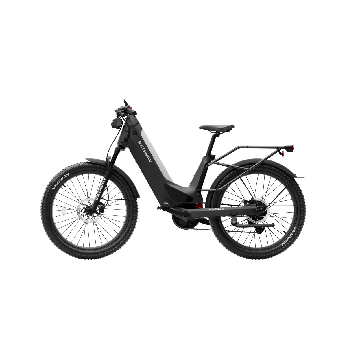 The Segway Xafari Electric Bike features a 750W motor, thick tires, and a step-through frame. It comes in sleek black with a rear rack and a strong 936 Wh battery, ideal for urban adventures.